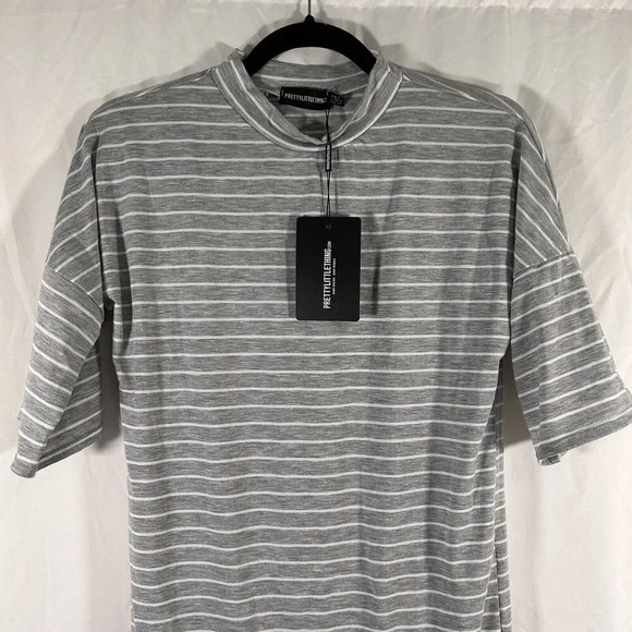 Pretty Little Thing Dress Women's 6 Grey White Striped Crew Neck Short Sleeve - Picture 2 of 10